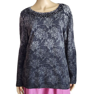 NEIMAN MARCUS Gray Black Floral Embellished Cashmere Crew Neck Sweater XL